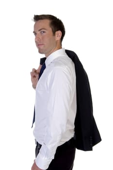 man posing with his coat with white background