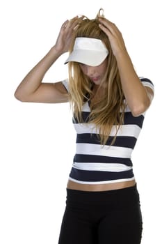 smart lady adjusting her cap on an isolated background