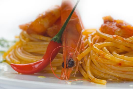 italian spaghetti pasta and fresh spicy shrimps sauce over white