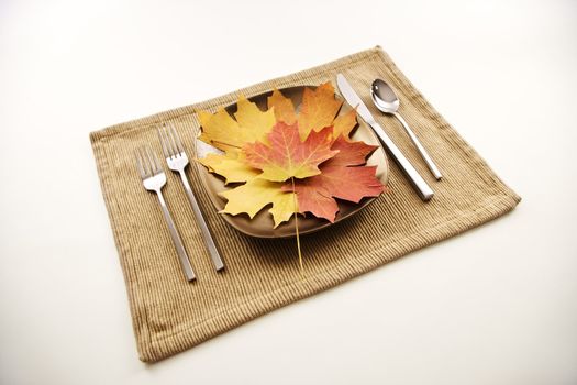Table setting with plate full of multicolor leaves as main meal.