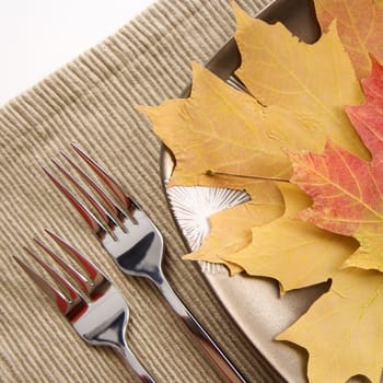Close-up of table setting with plate of multicolor leaves as meal.