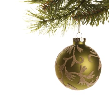 Still life of gold Christmas ornament hanging from pine branch.