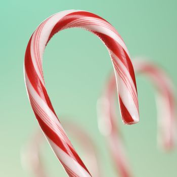 Still life of candy cane with blurred out candy canes in background.