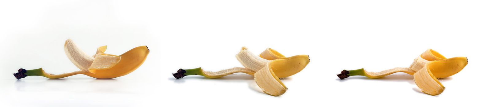 Banana sequence.The same ripe fruit in different stages on white background