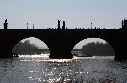 The oldest preserved Prague bridge, founded by Charles IV in 1357. It was built after the Petr Parler´s design in the High Gothic style. Its construction finished in 1402. The length is 515 m, the width 10 m. Prague, Czech republic, Europe.