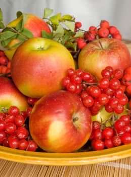 The image of a plate with autumn fruits