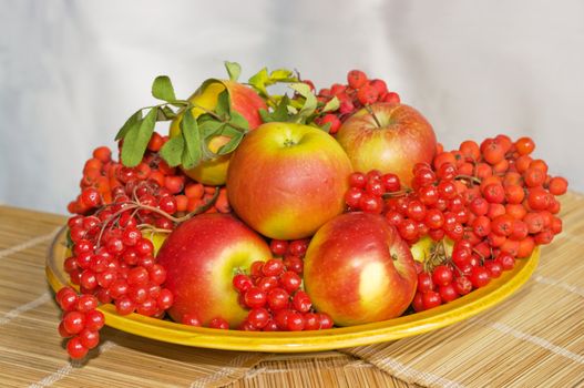 The image of a plate with autumn fruits