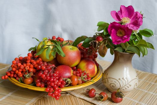 The image of a plate with autumn fruits