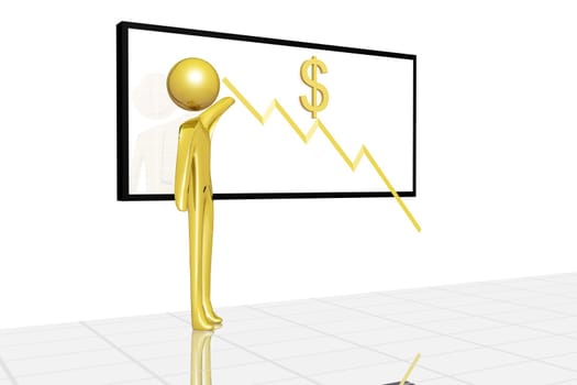 Golden character showing the falling chart of dollar value