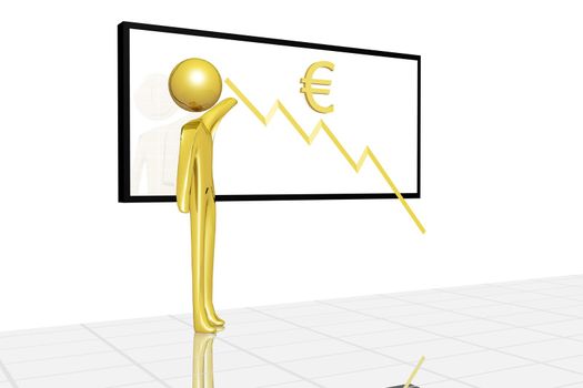 Golden character showing the falling chart of euro value.