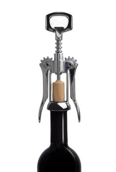 Corkscrew on a bottle of wine. Isolated on white background