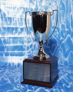Silver Trophy Top Prize on blue background
