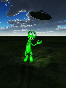 A little green alien with a UFO flying overhead