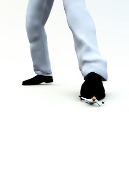 Concept image of a small man being crushed by a large foot.