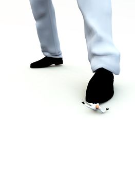 Concept image of a small man being crushed by a large foot.