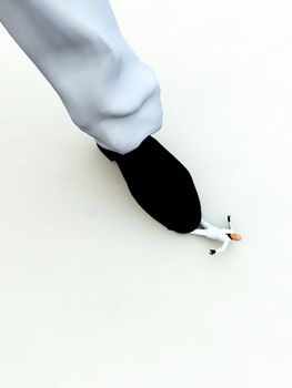 Concept image of a small man being crushed by a large foot.