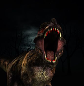 A Tyrannosaurus  Rex that is roaring fiercely. 