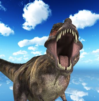 A Tyrannosaurus  Rex that is roaring fiercely. 