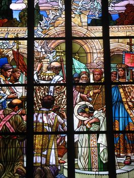 Stained-glass window in Saint Barbara catholic cathedrale