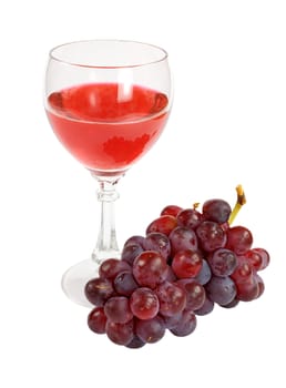 Glass of red wine and grapes cluster on a white background