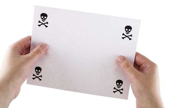 Clean sheet of a paper with drawn on it black skull and crossbones on corners on a white background