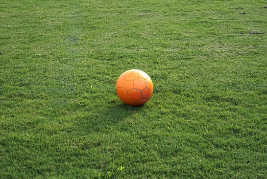 Orange tinted ball in green grass.                 