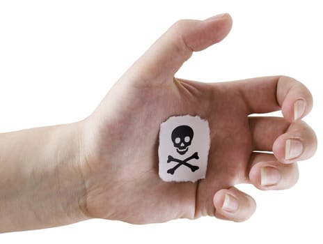 Fragmentary piece of paper with drawn jolly Roger on a palm