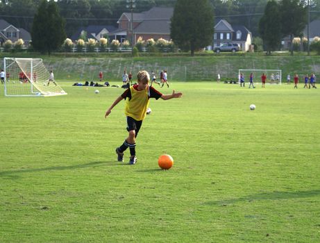 Boy kicking a soccer ball on the field.                 