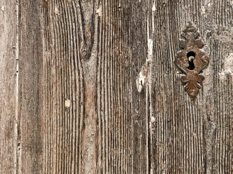 Authentic medieval lock and intricate texture on wooden door