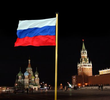 russian national flag on Red square kremlin background