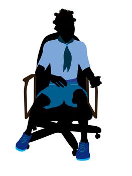 African american girl scout sitting in a chair silhouette dressed in shorts on a white background