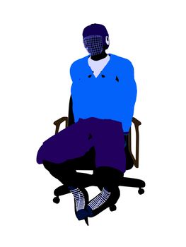 Male hockey player sitting on a chair art illustration silhouette on a white background