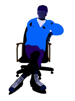 Male hockey player sitting on a chair art illustration silhouette on a white background