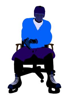 Male hockey player sitting on a chair art illustration silhouette on a white background
