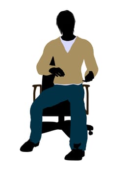 Casually dressed male in overalls sitting in a chair silhouette on a white background