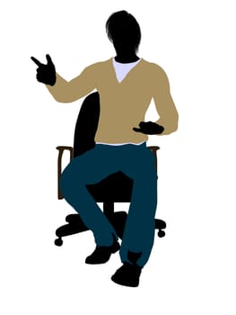 Casually dressed male in overalls sitting in a chair silhouette on a white background