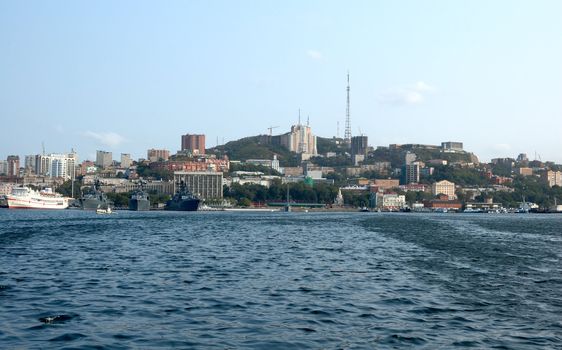 Sea scenery of Russian naval  and seaport Vladivostok .