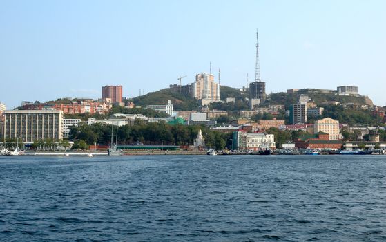 Sea scenery of Russian naval  and seaport Vladivostok .