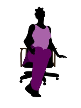 African American casual dressed female sitting on a chair silhouette on a white background