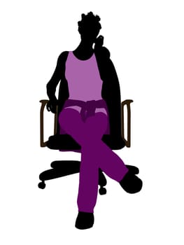 African American casual dressed female sitting on a chair silhouette on a white background