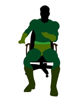 Male super hero sitting on a chair silhouette dressed in shorts on a white background