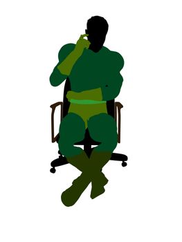 Male super hero sitting on a chair silhouette dressed in shorts on a white background