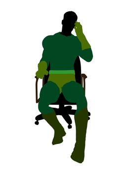 Male super hero sitting on a chair silhouette dressed in shorts on a white background