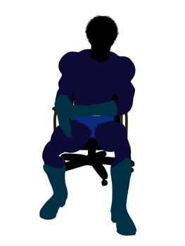 African american male super hero sitting on a chair silhouette dressed in shorts on a white background