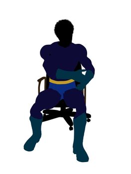 African american male super hero sitting on a chair silhouette dressed in shorts on a white background
