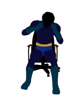 African american male super hero sitting on a chair silhouette dressed in shorts on a white background