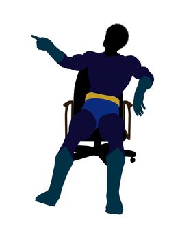 African american male super hero sitting on a chair silhouette dressed in shorts on a white background