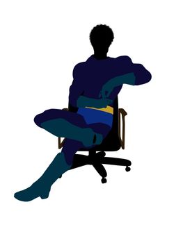 African american male super hero sitting on a chair silhouette dressed in shorts on a white background