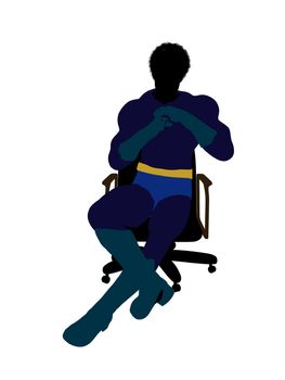 African american male super hero sitting on a chair silhouette dressed in shorts on a white background