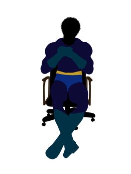 African american male super hero sitting on a chair silhouette dressed in shorts on a white background